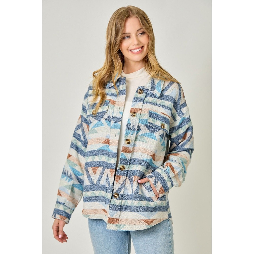 Mystree Aztec Print Shirt Jacket Shacket Blue Cream Rust Small NEW